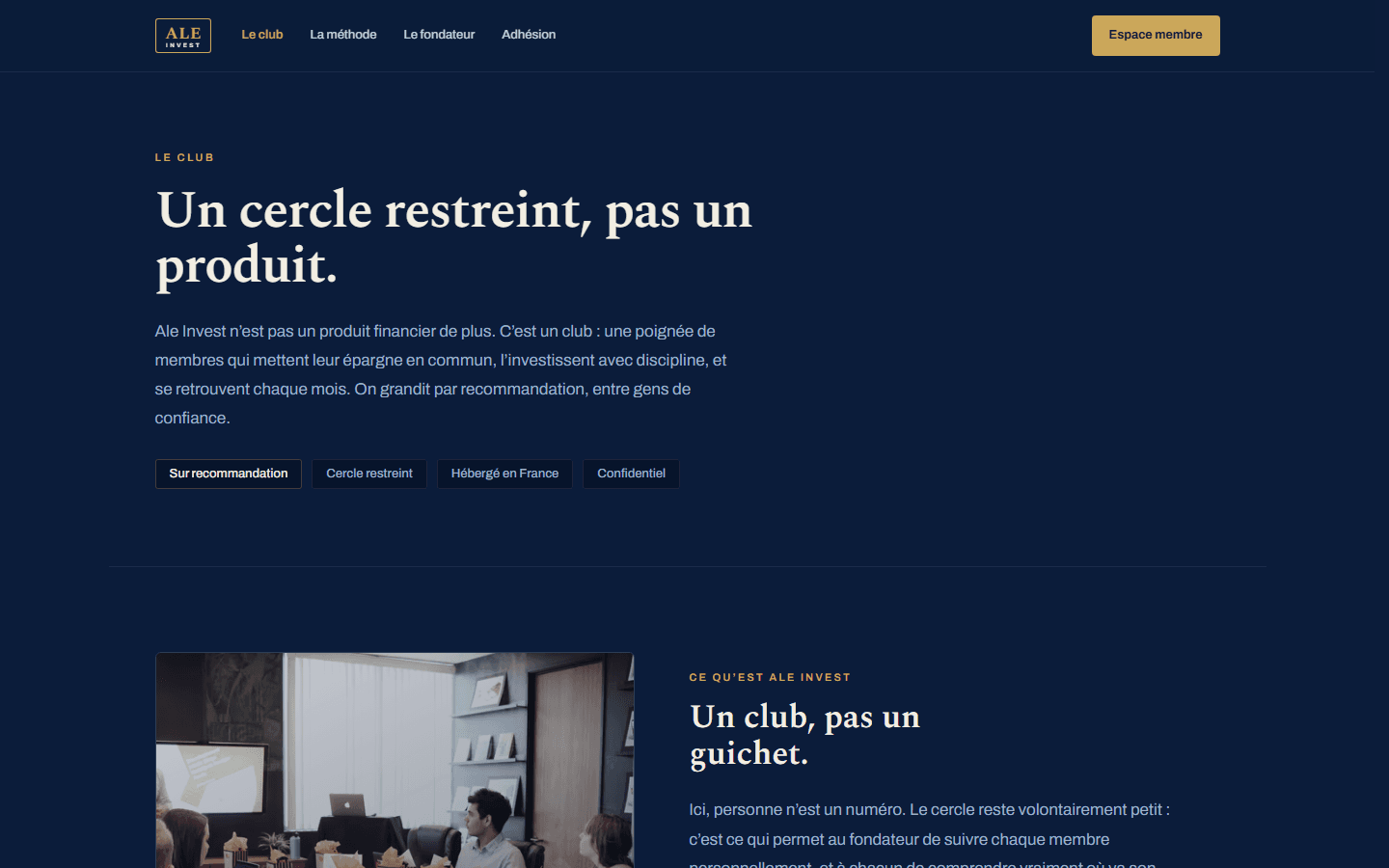 Page « Le club » d'Ale Invest : un cercle restreint, pas un produit.