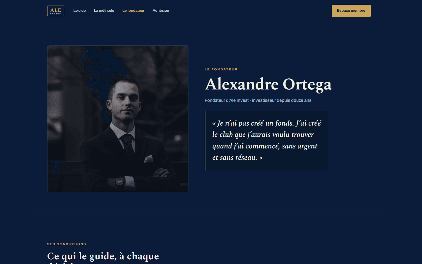 Page « Le fondateur » d'Ale Invest : Alexandre Ortega.